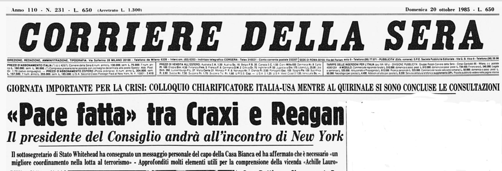 Sigonella e la crisi Italia-USA. Il 19 ottobre 1985: dopo il sequestro  dell'Achille Lauro, la lettera di Reagan a Craxi chiude lo scontro